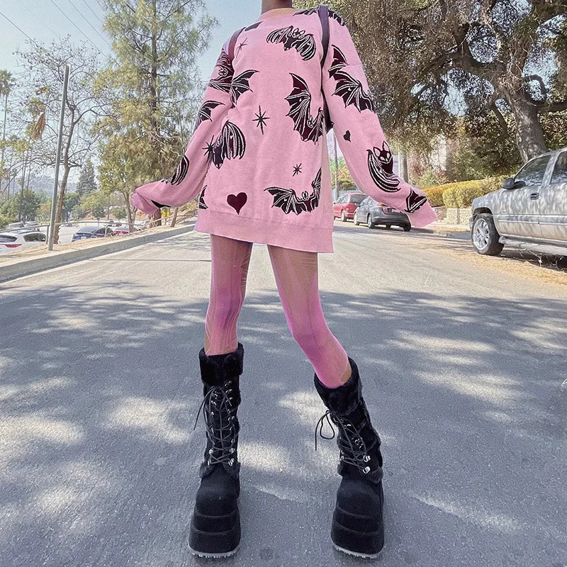 

Gothic Y2K Fairy Grunge Mall Bat Graphics Pullovers Fashion Winter Aesthetic Pink Black Harajuku Pullover Long Sleeve sweater
