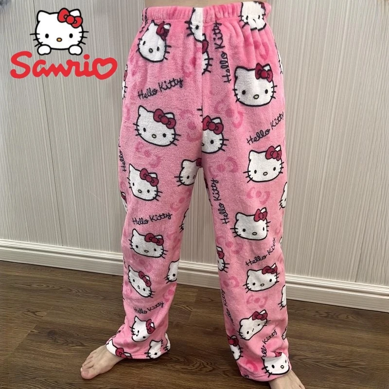 

2023 Sanrio Hello Kitty Flannel Pajamas Black Women's Warm Woolen Cartoon Casual Fashion Trousers Home Pants In Autumn Winter