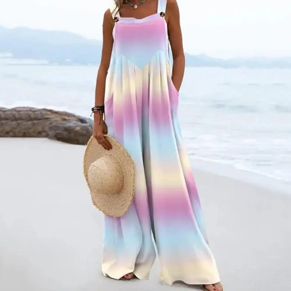 

Women Jumpsuit Sleeveless Deep Crotch Button Gradient Color Pockets Butterflies Printing Leaf Pattern Summer Romper for Shopping