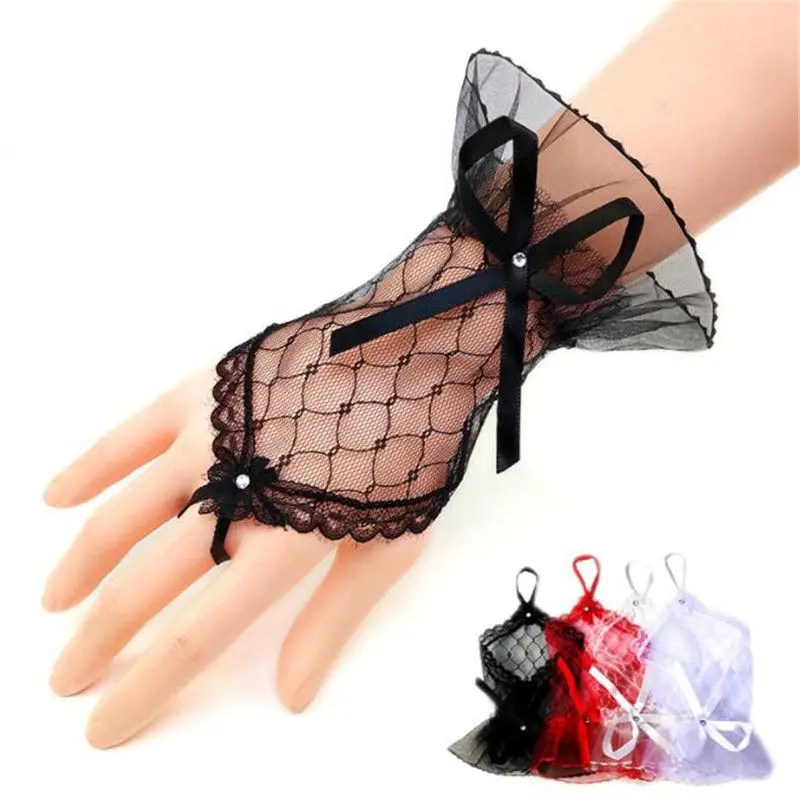 

Autumn Summer Women Wedding Fingerless Gloves Bride Lace Faux Pearl Floral Applique Bowknot Mittens Party Sexy Accessories