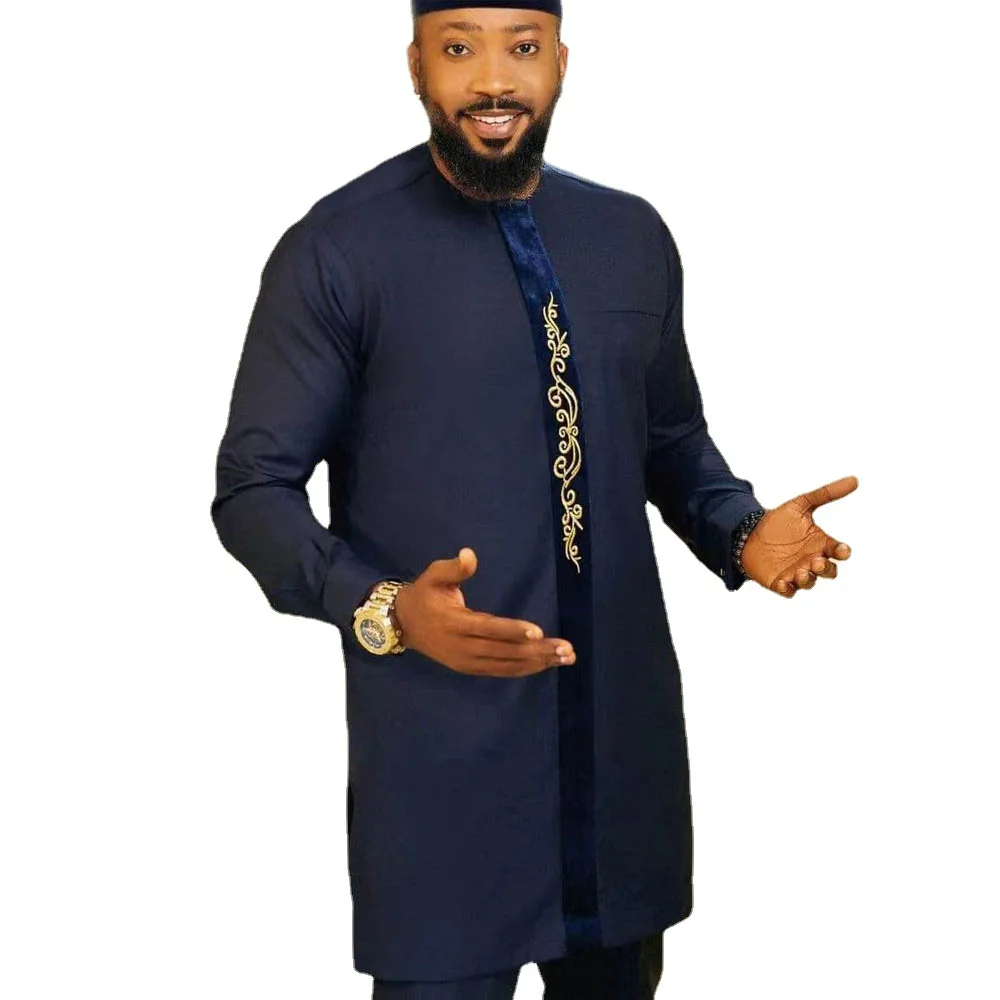 Ramadan Eid Muslim Fashion Men Shirt Casual Arabian Navy Blue Abayas Dubai Long Sleeve Indian Stand Collar Islamic Clothing