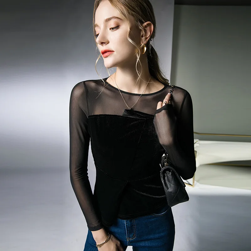 

Новинка 2023, Великолепная Женская осенне-зимняя бархатная футболка, женский сексуальный укороченный топ, одежда, повседневные блузки, изящная встречная графика