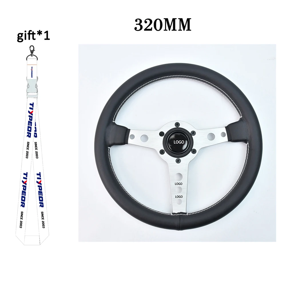 

Плоский черный гоночный руль 320 мм, кронштейн 5 мм, кожаный кронштейн для дрифта, имитация спортивного модифицированного руля с 6 отверстиями