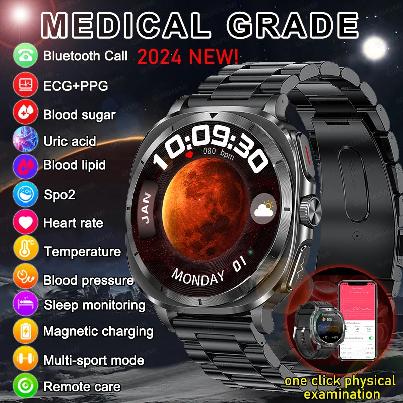 Новый сапфировый экран Bluetooth вызов Смарт-часы Глюкоза в крови ЭКГ + PPG Стальные