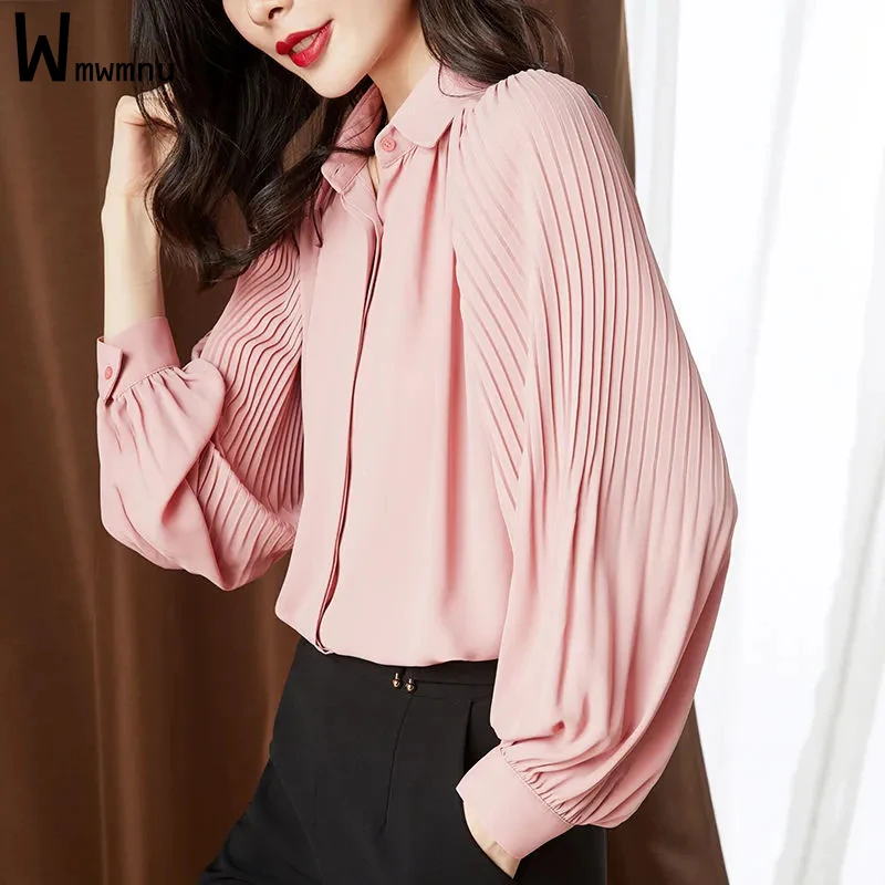 

Женская шифоновая блузка со складками, Офисная розовая мешковатая однобортная рубашка с длинными рукавами-фонариками, модные однотонные к...
