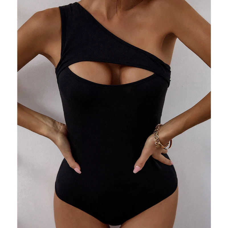 One-shoulder Solid Hollow Out Swimsuit Bodysuit Sexy Slim Fit Swimwear Push Up Padded Beachwear For Ladies