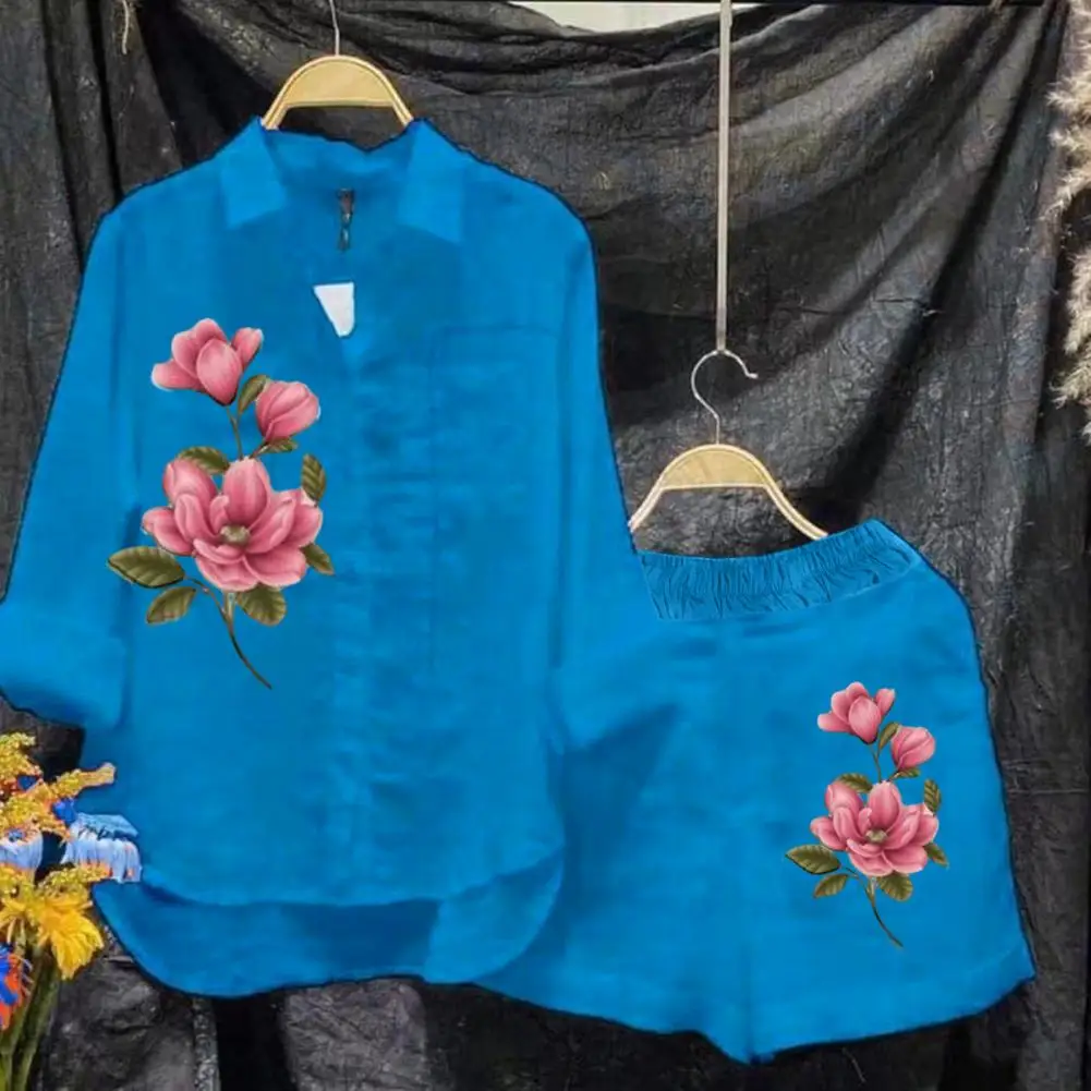 

2Pcs/Set Women Shirt Shorts Set Summer Casual Outfit Lapel Long Sleeve Shirt Tops Button Fly Wide Leg Pockets Shorts Set