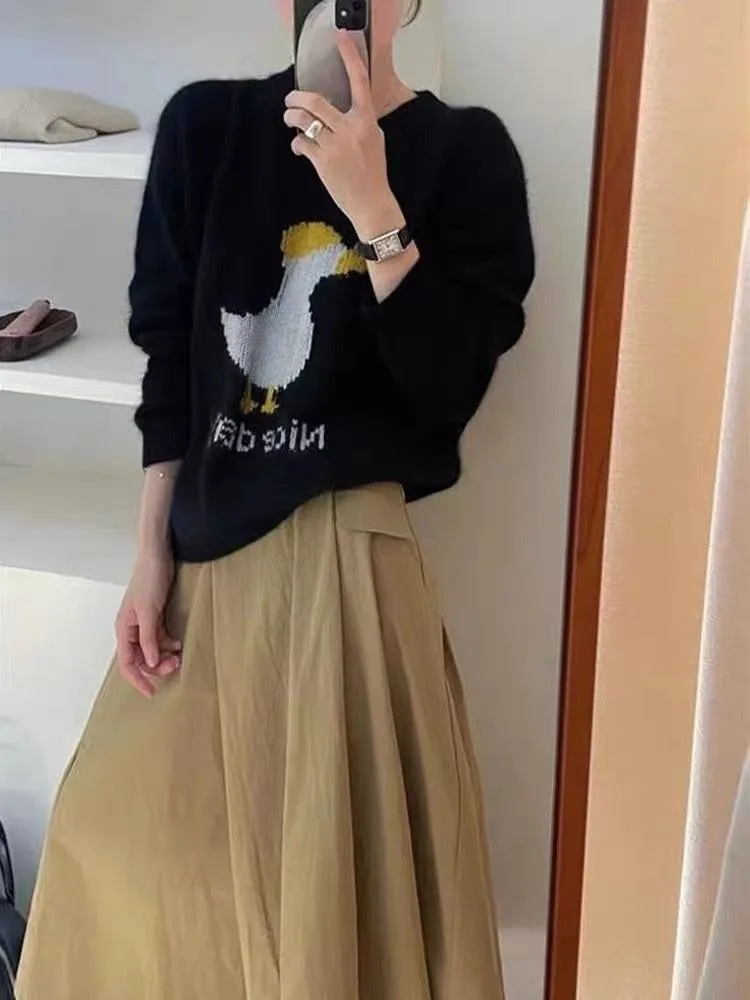 Ezgaga вязаный свитер пуловер женский с рисунком утки буквенным принтом и круглым