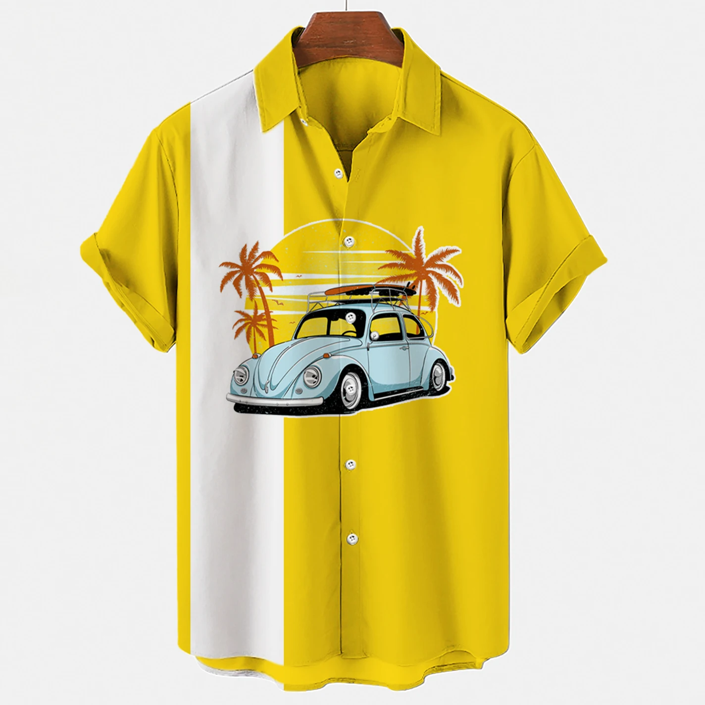 Shirts For Men Hawaiian Shirt Men's Yellow Striped Tree Car Print Coconut Loose Casual Lapel Single Breasted Shirt S-5XL Blouse