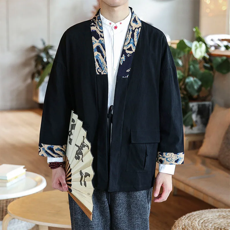 

Black Taoist Robe Men's Fashion Chinese Style Printed Coat Large Retro Tang Clothes Hanfu Japanese Cardigan Kimono Seven Sleeve