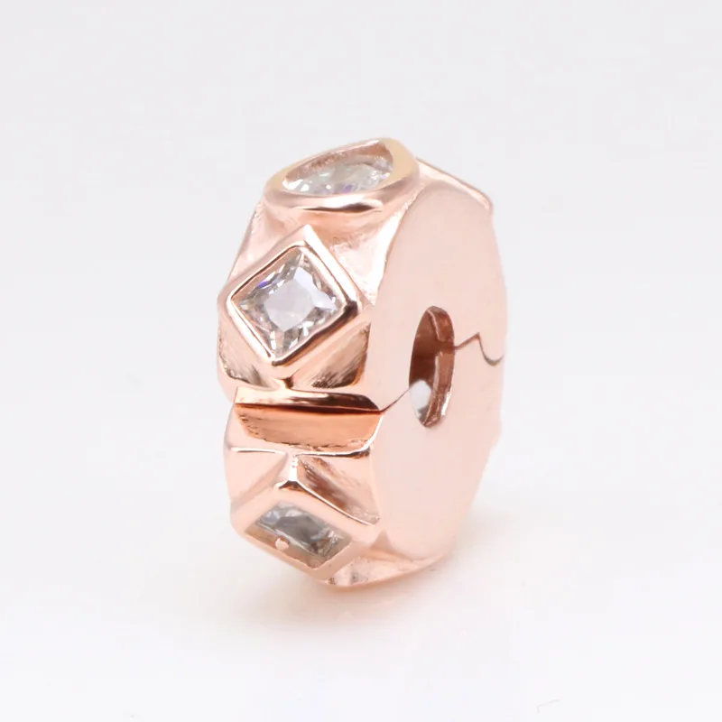 

925 Silver geometric pattern fixing clip inlaid zircon-shaped drop zircon Beads Fit Original Bracelet Pendant DIY Jewelry