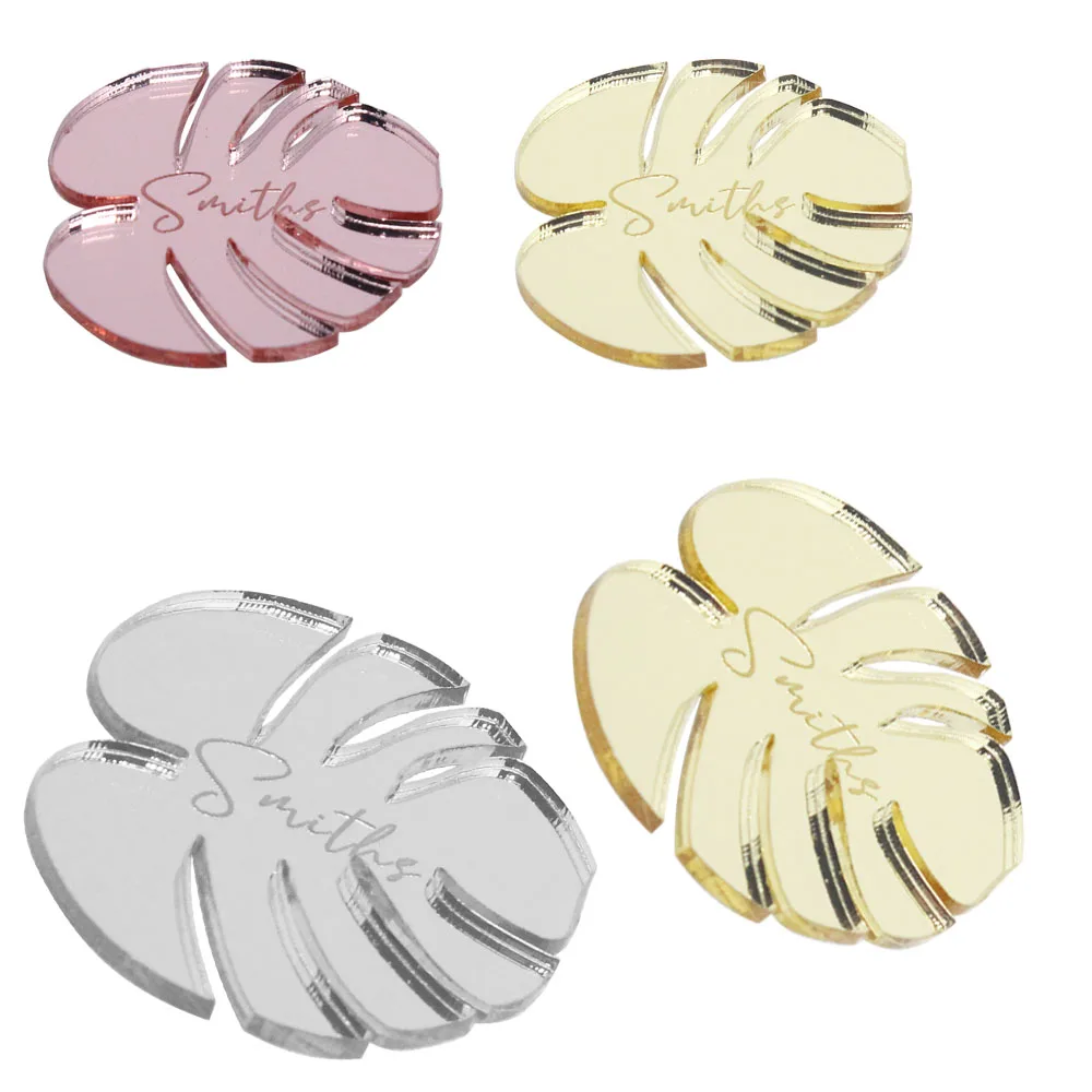 

60PCS Personalized Engraved Wedding Drink Markers Drink Guest Name Tags Cocktail Charms Acrylic Place Cards Leaf Place Setting