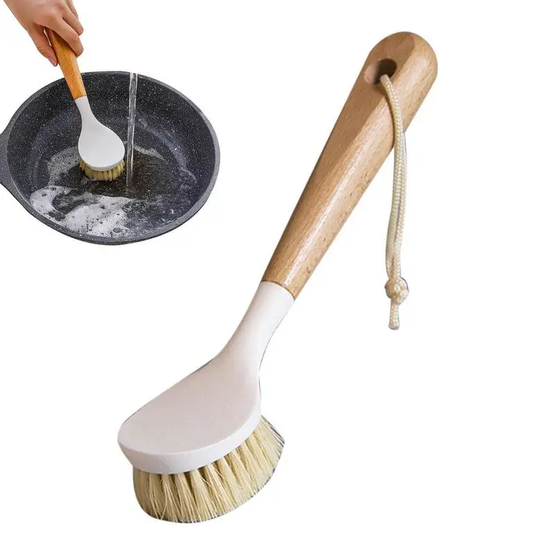 

Wooden Long Handle Pan Pot Brush Dish Bowl Washing Cleaning Brush Practical Hanging Nonstick Oil Kitchen Cleaning Tools
