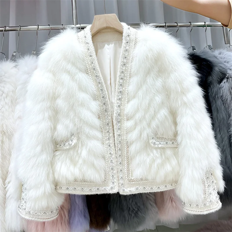 

Женская куртка из лисьего меха, свободное стильное теплое вязаное пальто из лисьего меха, Женская куртка, меховое пальто для осени и зимы, меховое пальто, куртка