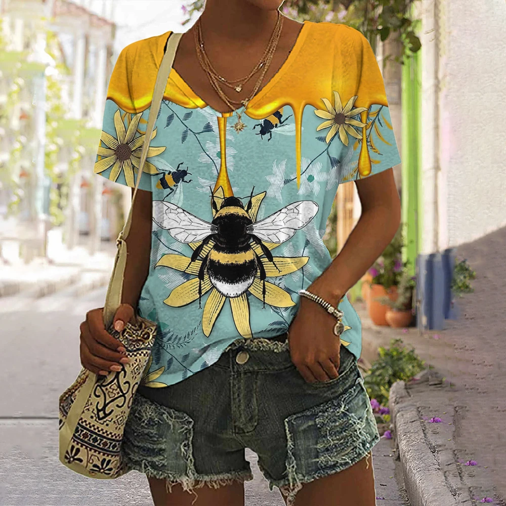 

Women'S Holiday 3d Bee Pattern T-Shirt Harajuku Streetwear Oversized Short Sleeve Female Casual Summer Vintage V-Neck Tees Tops