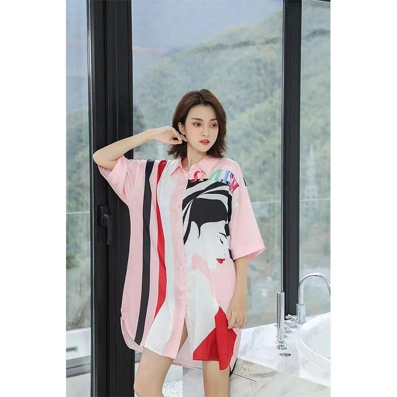 YFTNH Women's Nightdress Fashion Satin Silk Soft Stripe Printing Short Sleeve Mini Nightgown Summer Sleepwear Homewear