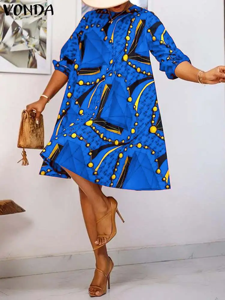 

Women's Summer Dress VONDA 2022 Half Sleeve Vintage Printed Holiday Dress Casual Loose Pleated Short Vestidos Beach Baggy Robe