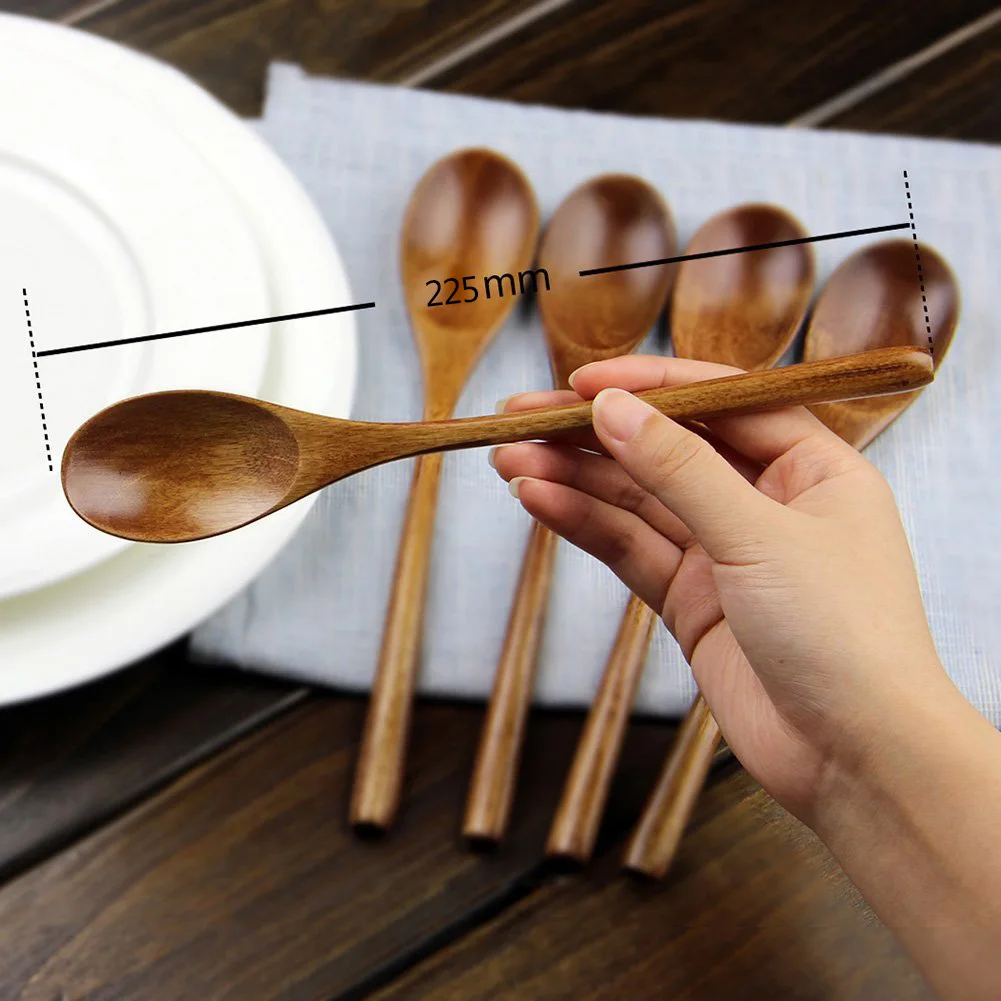 5 Pieces Wooden Spoon Soup Spoon and Fork Eco Friendly Products Tableware Natural Ellipse Ladle Spoon Set Spoons for Cooking