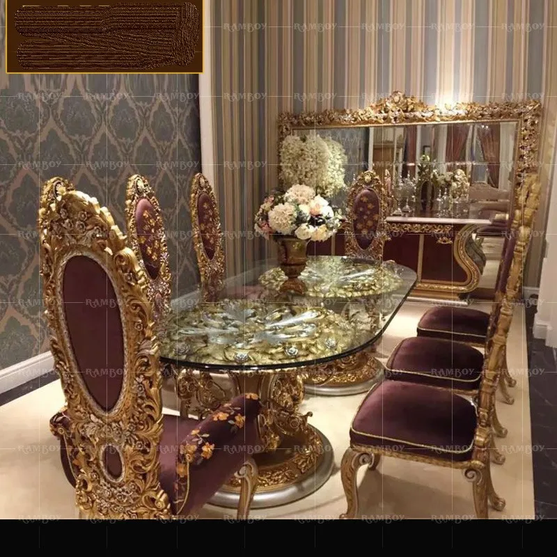 

Italian Classical European-style Glass Dining Table And Chair Combination Solid Wood Carved Villa Mansion Customization Table