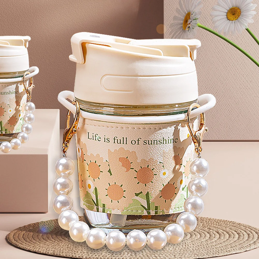 

Portable Glass Cup Coffee Mug With Lid And Straw Pearl Chain Tulip Printing Glass Water Bottle For Girls Tea Drinkware Mug