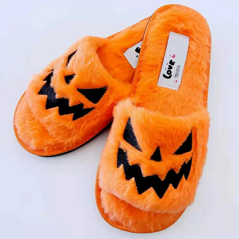 

2022 New Women Winter Fluffy Flat Slippers Lantern Pumpkin Shoes Funny Kawaii Slippers for Girls Couple Slippers Zapatos Mujer