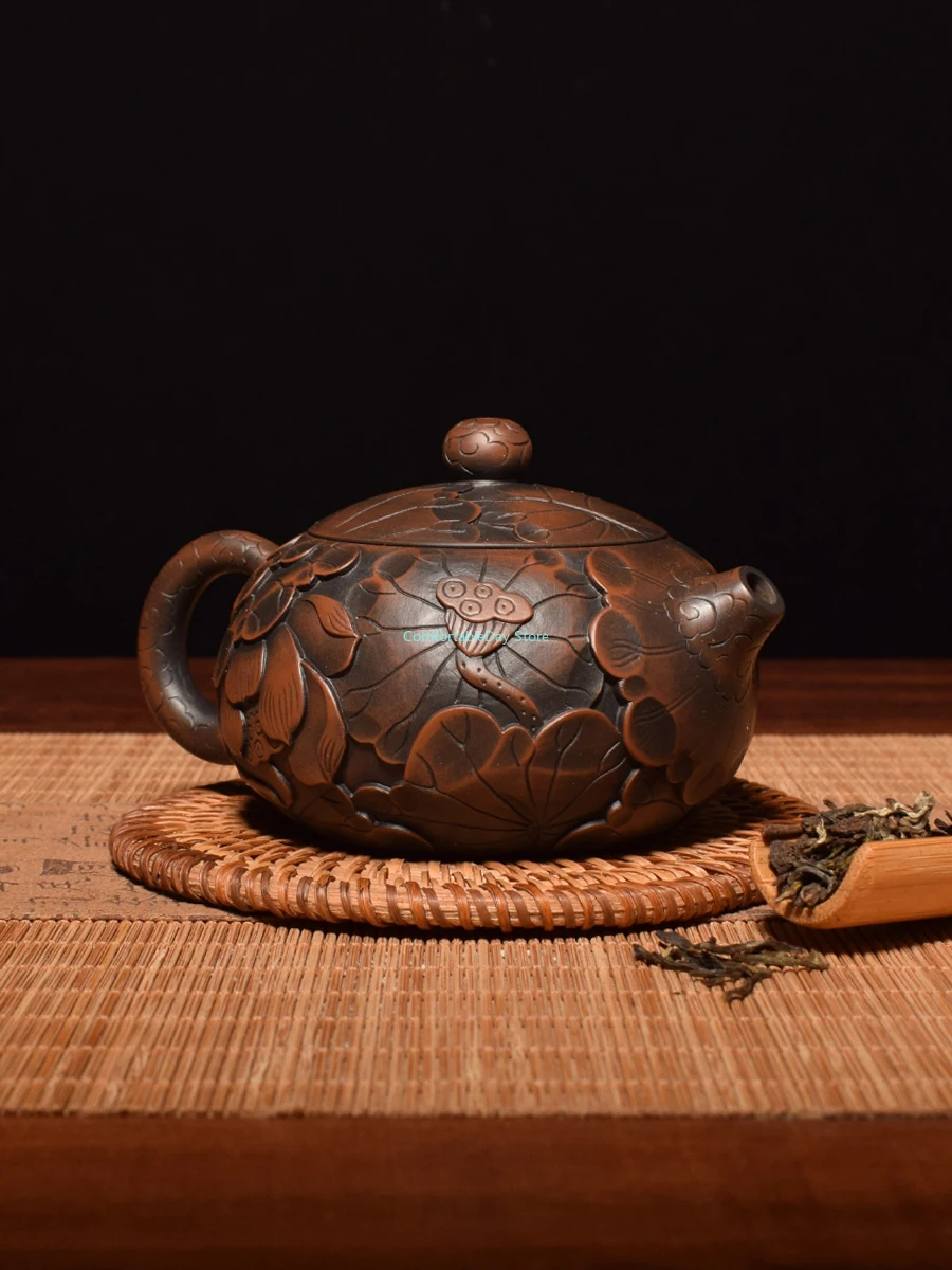 

China Jianshui (Not Yixing) Purple Clay Black Ceramic Handmade Full Carving Teapot Kettle Porcelain Kung Fu Tea Set Drinkware