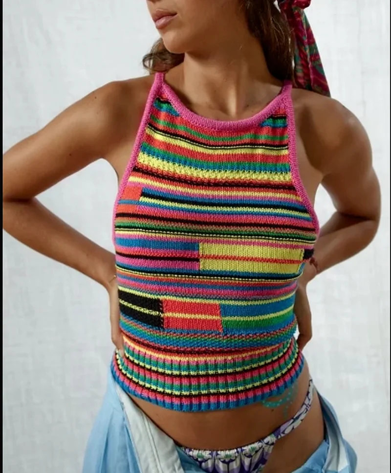 

Топ женский трикотажный в стиле ретро, эротический пикантный топ в полоску, с цветными блокировками, облегающие Короткие подтяжки, укорочен...