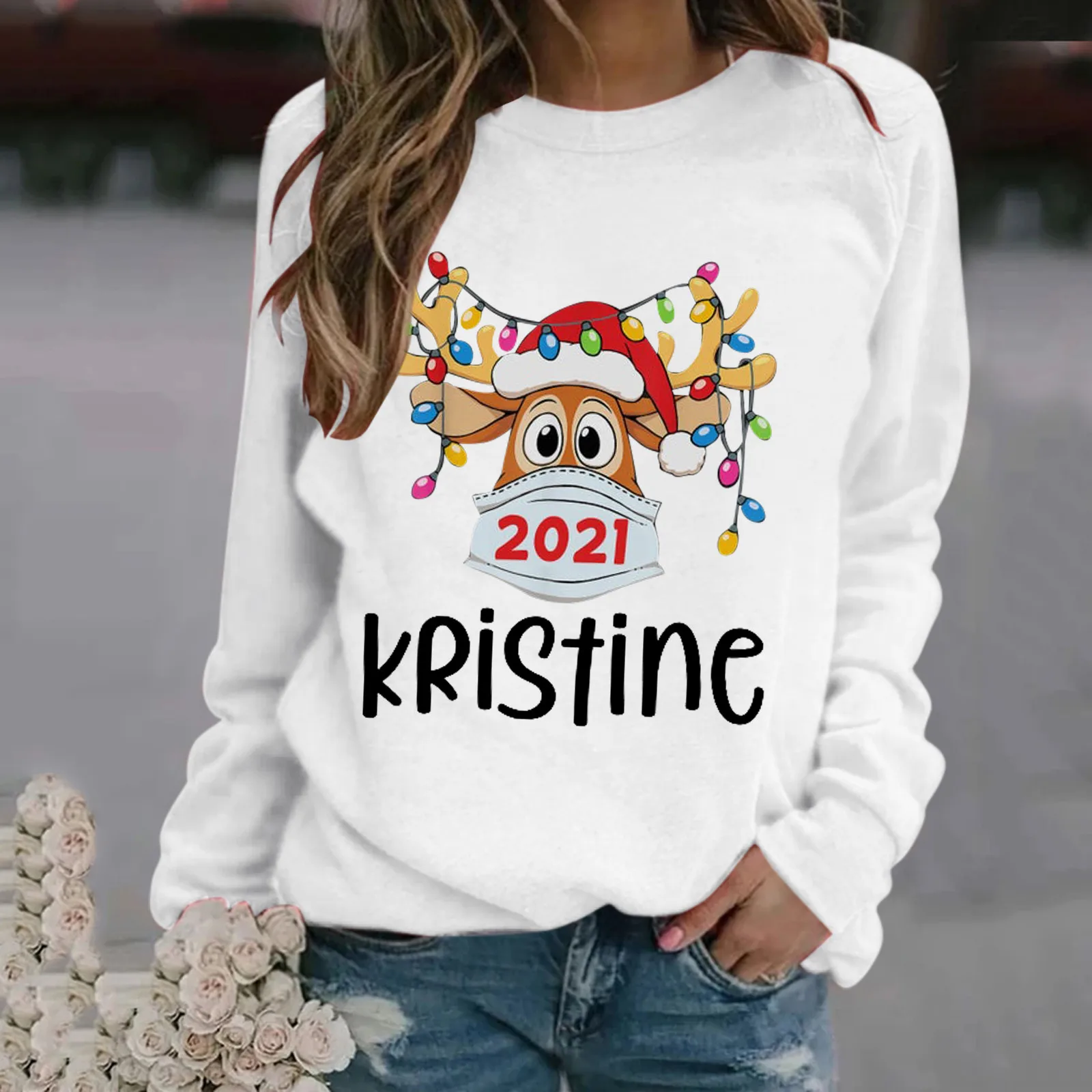 

Women's Christmas Long Sleeve Sweatshirt Printed Casual Top Pullover French Sweatshirt Women Front Pocket Button down Hoodie