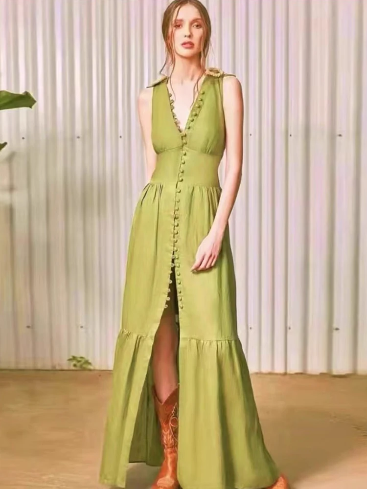 

Retro Solid Color Sexy V-Neck Single Breasted Epaulets Sleeveless Tank Dress Ladies Summer New Fashion Loose Swing Puff Skirt