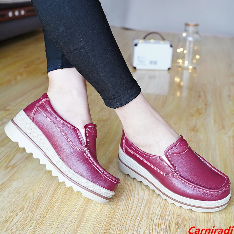 

Genuine Leather Height Increase Flatform Shoes Women Spring Slip-on Mother Wedges Casual Sneakers Ladies Plattorm Walking Shoes
