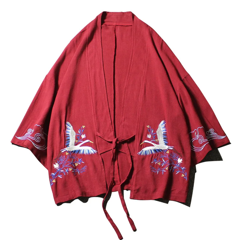 Chinese Men Cardigan Kimono Robe Spring Summer New Cotton Tao Robe Casual Hanfu Large Size 3XL-5XL Print Crane Coat