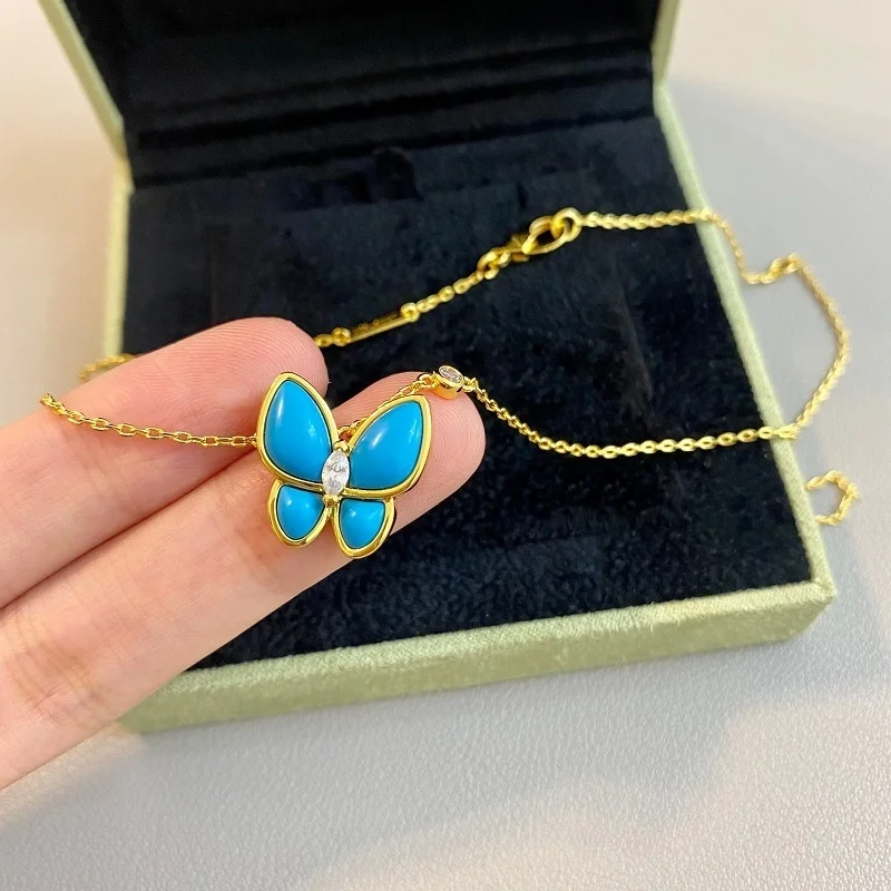 

925 sterling silver Turquoise Necklace 18K Gold Blue Butterfly Van Cleef Necklace famous brand Fine jewelry High quality