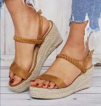 

Women's Sandals Casual Wedge Shoes High Heels 2022 Summer Fashion Buckle Straw Hemp Rope Shoes Large Size black Zapatillas Mujer