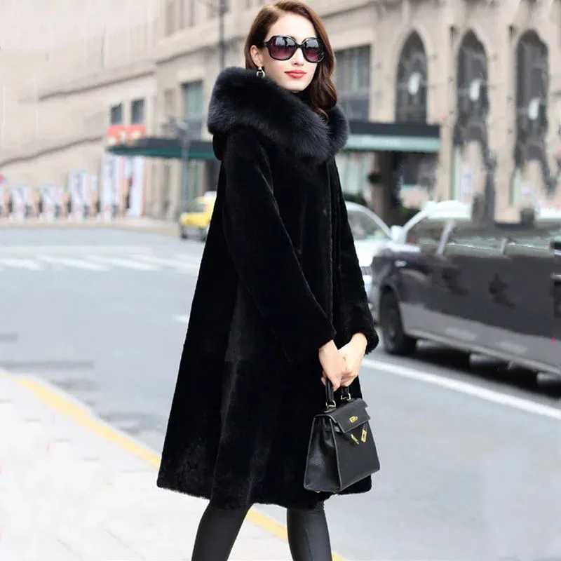 Зимнее длинное черное пальто из искусственного меха норки женское двухстороннее