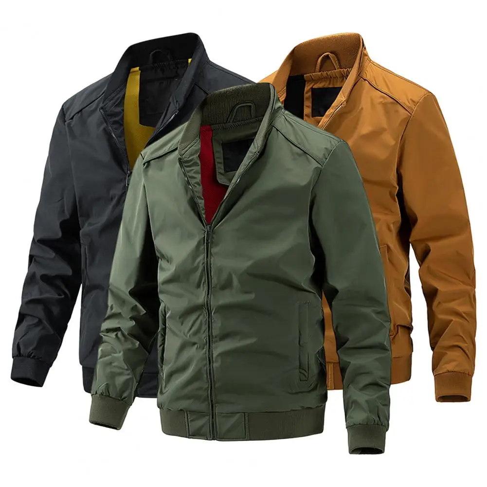 

Men Jacket Casual Stand Collar Long Sleeve Business Jacket Solid Color Side Pockets Zipper Closure Work Coat