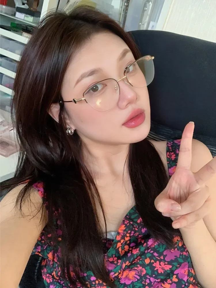 retro złota jedwabna półramka kocie oko gładka twarz anty-niebieskie światło studenckie z krótkowzrocznością okulary na wysokim stopniu