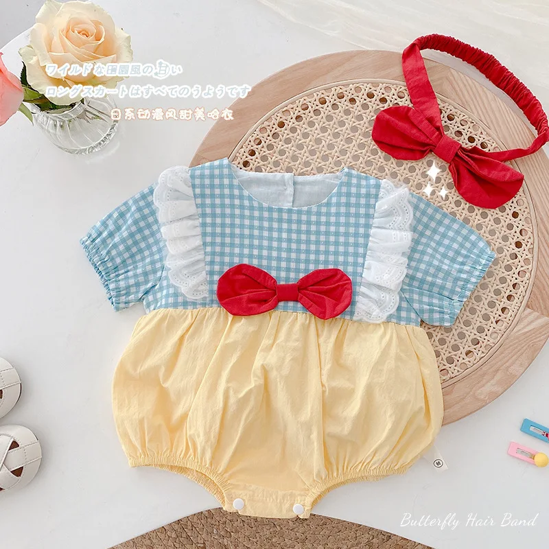 

Baby Girls Clothes Summer New Born Plaid Bow Lace Bodysuit with Headband Cute Short Sleeve Infant Cotton One-pieces