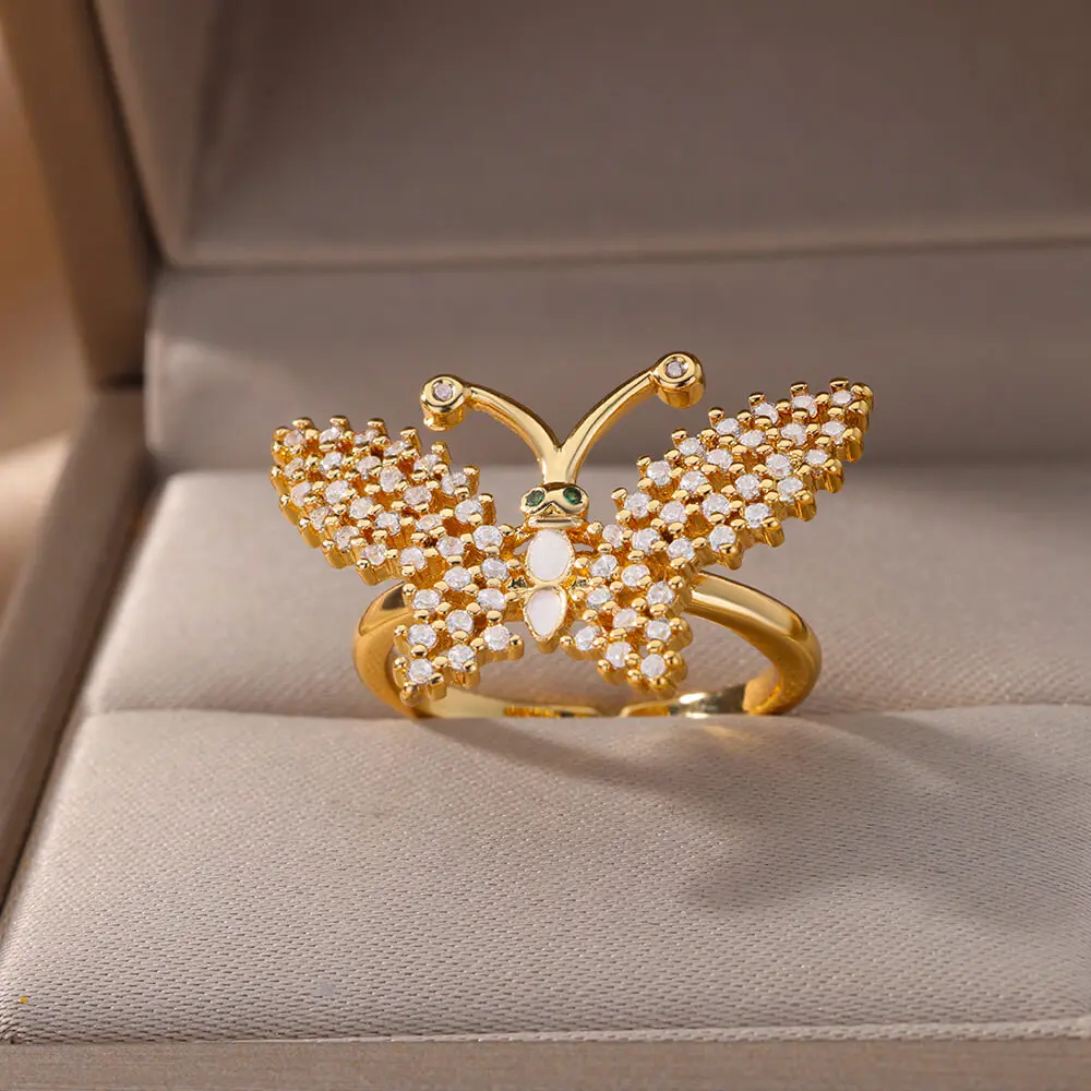 

Cubic Zircon Bee Butterfly Rings For Women Stainless Steel Vintage Gold Color Opening Ring Luxury Aesthetic Jewelry Gift bague