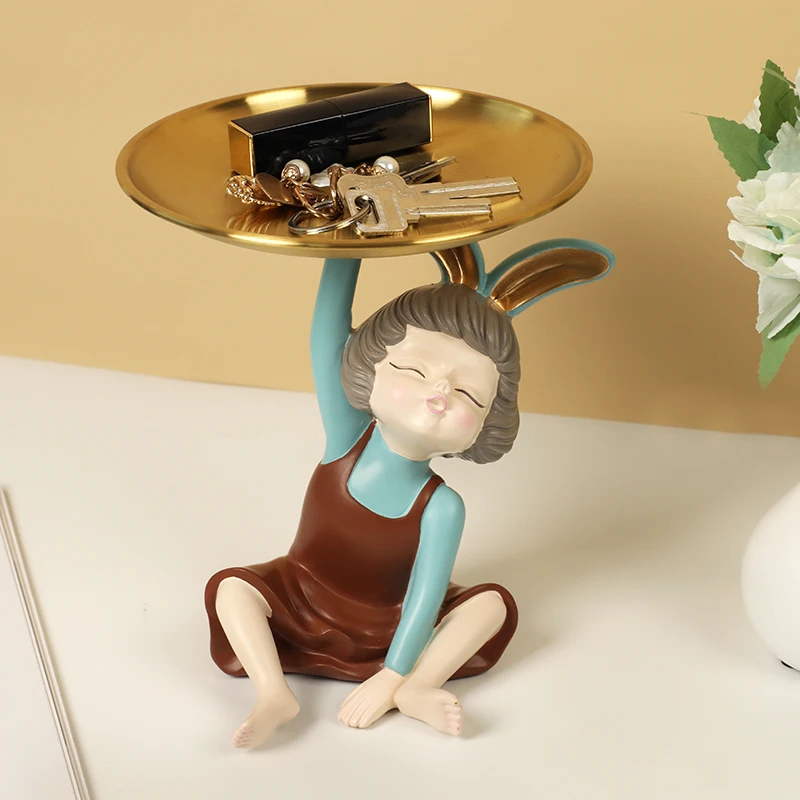 

Rabbit Girl Statue with Tray for Keys Storage Box Nut Candy Tools Plate Decoration Panel Decorative Figures Home Décor Sculpture