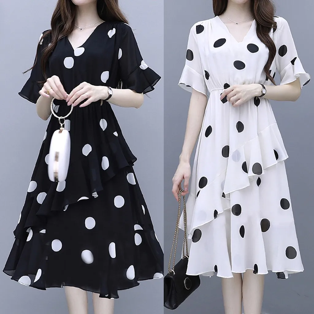

Women Fashion Summer V-Neck Knee Length Short Sleeve Wave Point Dress Rayon Dresses for Women Wrap Dresses for Women Summer