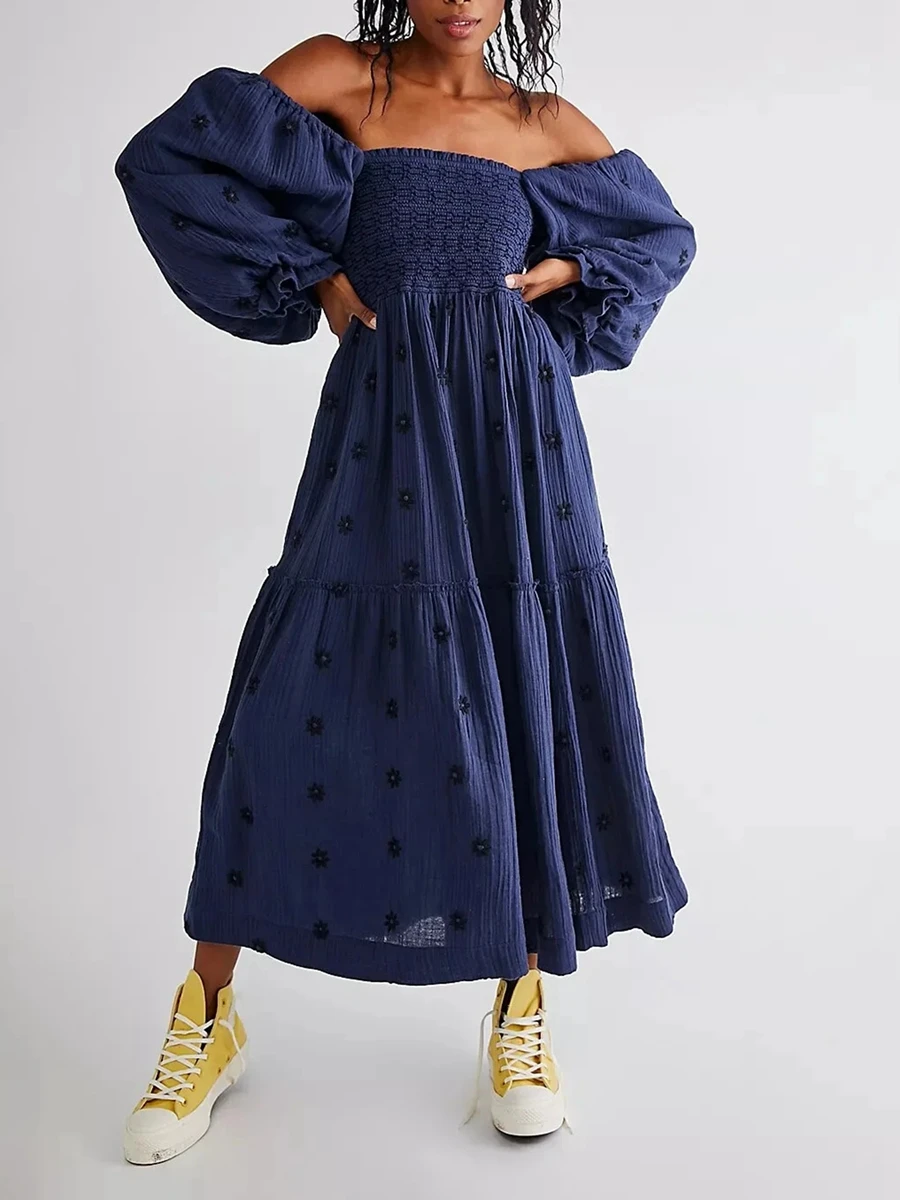 

Модное женское платье-макси в стиле s с 3D цветочной вышивкой, пышными рукавами, квадратным вырезом, Многоярусное Цветочное платье трапециевидной формы