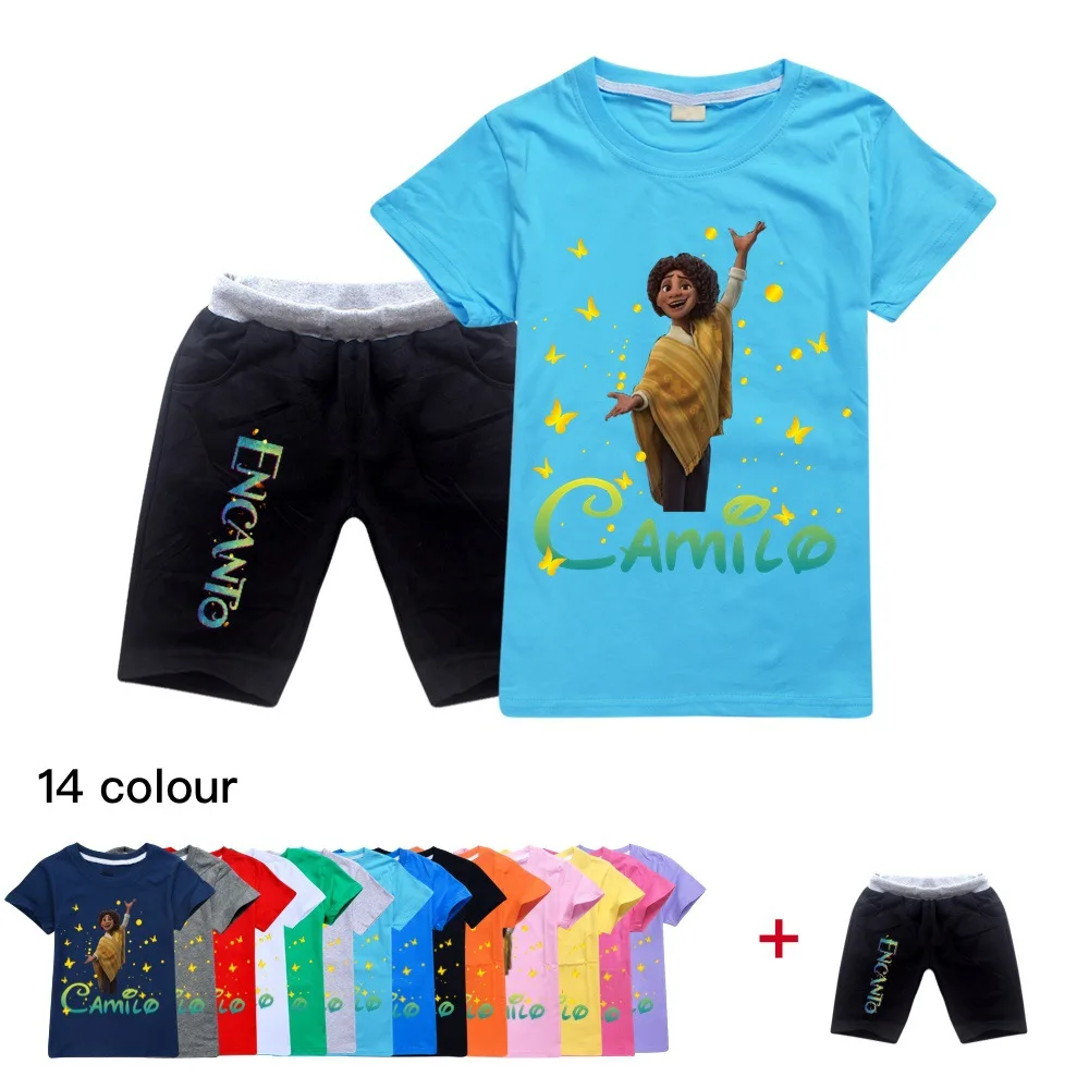 

2022 Disney Summer Encanto Kids Fashion 3D Printed Boys Girls Sets Short Sleeve Tops and Shorts 2pcs New Casual Clothing