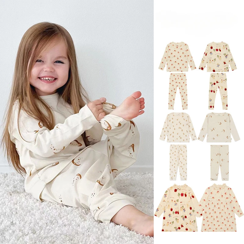 

KS Kids Pjs 2023 New Christmas Snowy Rabbit Pig Toddler Girls Pajamas 2 Pieces Set Cotton Sleepwear Size 18 Months-10 Years