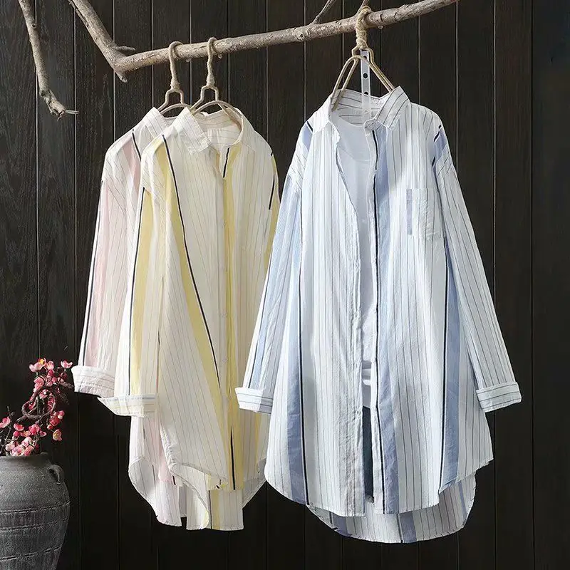

Long Jacket Women Top Shirt Stripe Printing Blouse Female Loose Jackets Beach Sunscreen Coat Casual Streetwear Outwear E181
