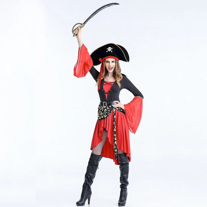 

Новый костюм на Хэллоуин, Женский пиратский костюм, игровая униформа, соблазнение, косплей, анимация, скелет, принт, красная, черная одежда ...