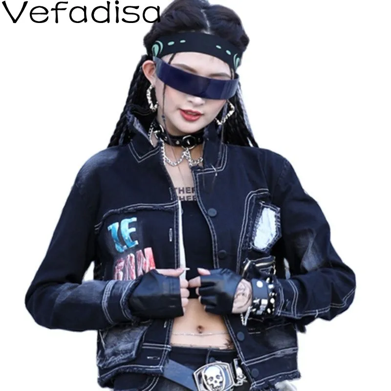 

Модная Джинсовая куртка Vefadisa в уличном стиле с контрастной строчкой, весна 2022, женская новая свободная короткая джинсовая куртка с отложным...