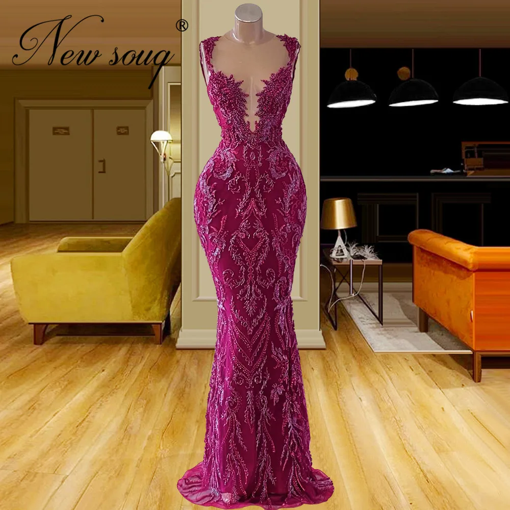 

Fuchsia Mermaid Long Celebrity Dress For Weddings Party Luxury Beaded Lace Women Evening Dresses Robes Dubai Couture Prom Gowns