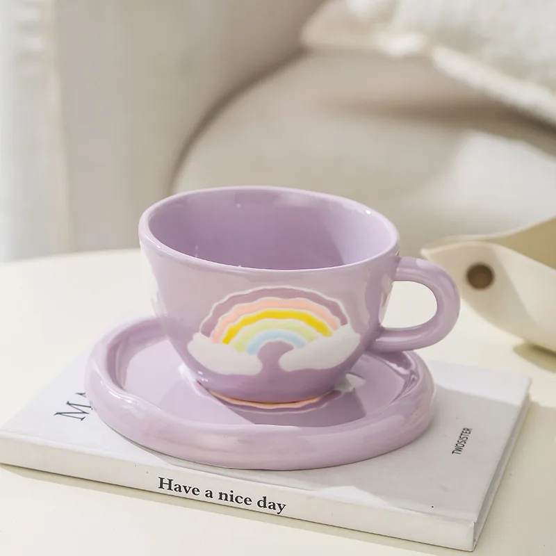 

Rainbow Cartoon Ceramic Coffee Cup Set Cute Hand-painted Children Espresso Cups Mug with Saucers Dish Coffeeware Tea Cup Set