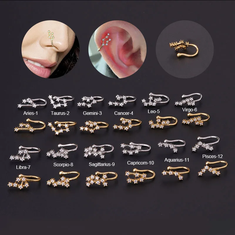

1Pcs Crystal 12 Constellation Fake Piercing Nose Ring Zodiac Non Piercing Clip On Nose Rings For Women Ear Clips Body Jewelry