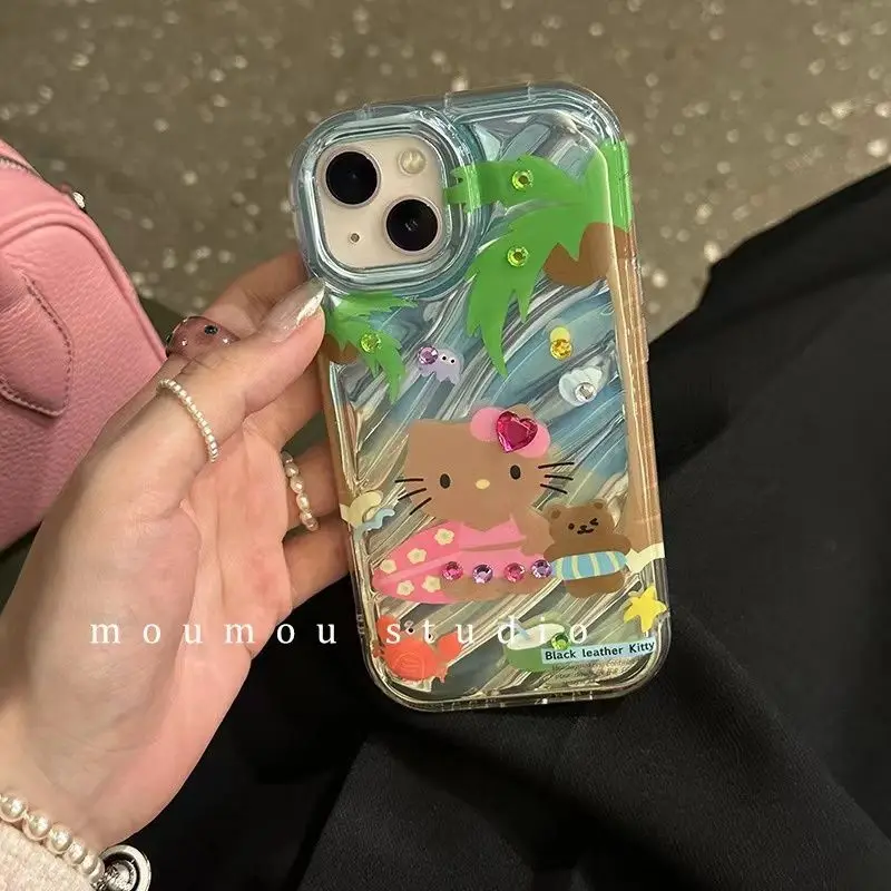 

Прозрачный зеленый чехол для телефона с рисунком Hello Kitty для летнего серфинга, клейкий Алмазный чехол для Iphone 14 Pro Max, ударопрочный защитный чехол, новинка 2023